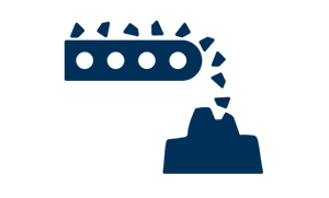 A dark blue icon shows a conveyor belt dropping material into a container or mold. The material appears as small shapes falling from the end of the conveyor toward the container below.