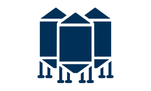 A simple blue icon of three industrial storage silos or tanks, each with a rectangular body, triangular roof, and standing on four legs, arranged side by side on a white background.