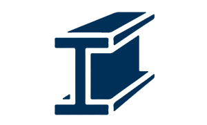 A simple dark blue icon of an I-beam, commonly used in construction and structural engineering, shown on a white background.