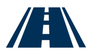 A simple blue icon of a road with dashed white center lines and solid white edge lines, viewed from a low, front-facing perspective, creating a sense of depth and forward movement.