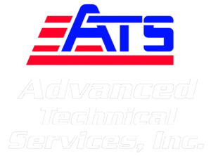 Logo for Advanced Technical Services, Inc. featuring the blue initials ATS with red stripes on the left, and the company name in white text below on a black background.