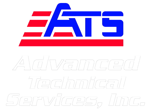 Logo for Advanced Technical Services, Inc. featuring the blue initials ATS with red stripes on the left, and the company name in white text below on a black background.