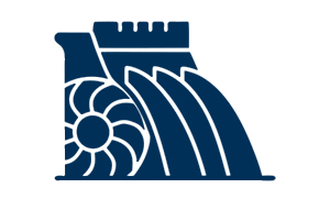 A simple blue icon of a hydroelectric dam with water flowing over it and a turbine wheel on the left side.