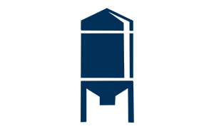 A simple dark blue icon of a grain silo or storage tank with a conical bottom and four supporting legs, on a white background.