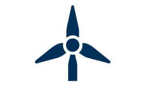 A simple dark blue icon of a three-bladed wind turbine on a white background, symbolizing wind energy or renewable energy sources.