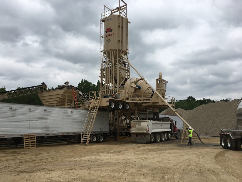 A large portable concrete batching plant on a construction site, with equipment, a cement silo, conveyor belts, a dump truck, and a worker in a safety vest under a cloudy sky.