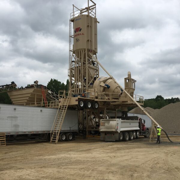 A large portable concrete batching plant on a construction site, with equipment, a cement silo, conveyor belts, a dump truck, and a worker in a safety vest under a cloudy sky.