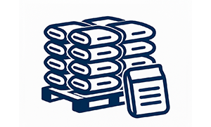 Illustration of multiple bags stacked on a pallet, with one bag in the foreground, representing packaged goods or materials ready for storage or transport.