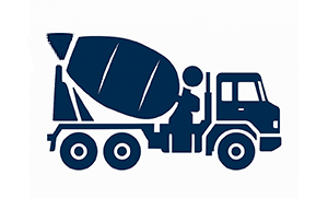 Graphic illustration of a cement mixer truck in dark blue, shown from the side with a large mixing drum and a drivers cab, on a white background.
